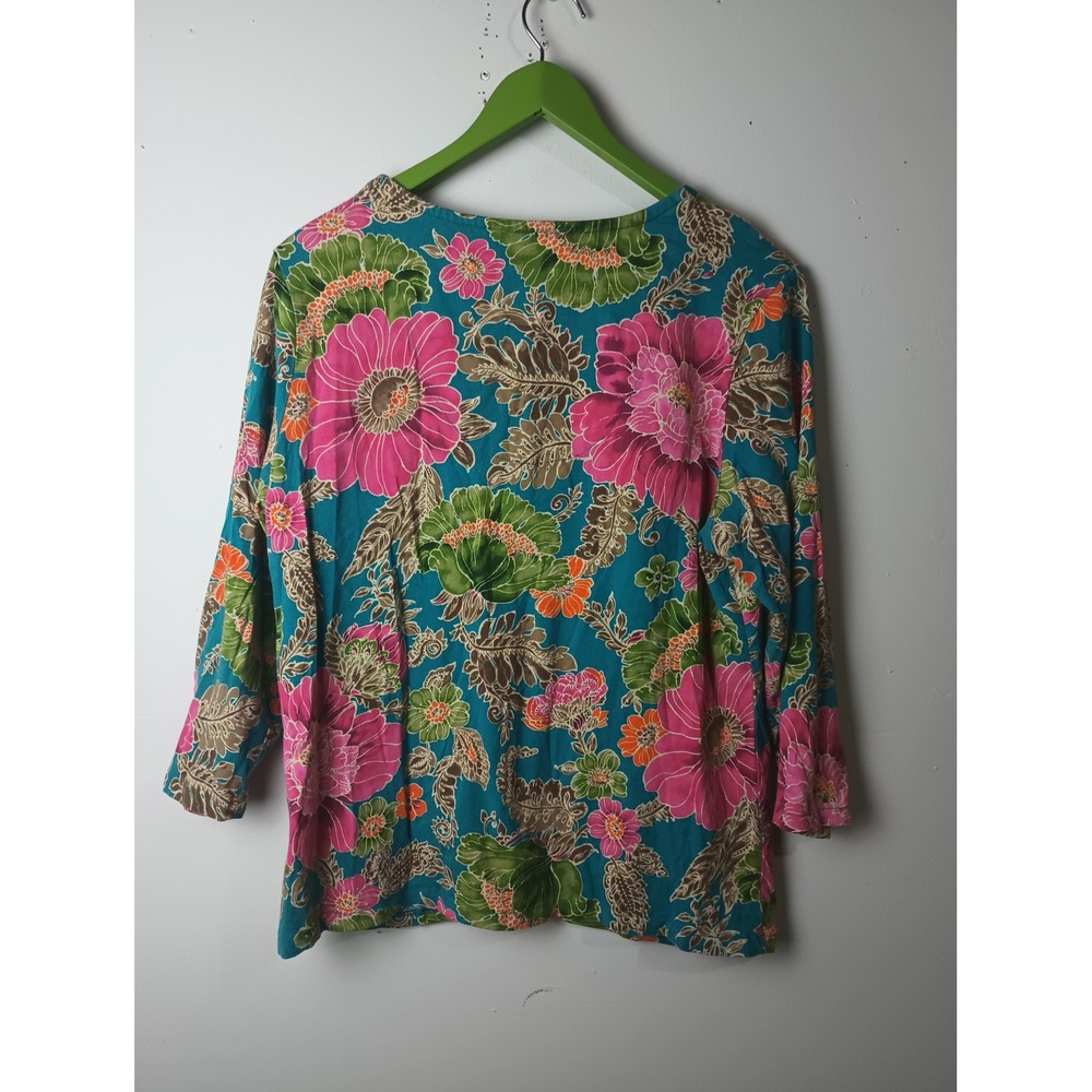 Caribbean Joe Womens XL Floral Tropical V-Neck 3/4 Sleeve Top Lattice Detail - Picture 5 of 5